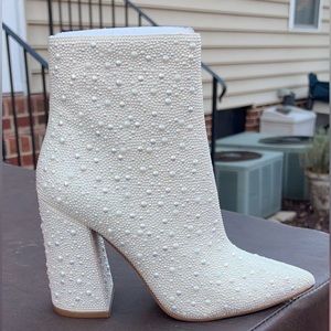 Steve Madden white boots with pearl accents